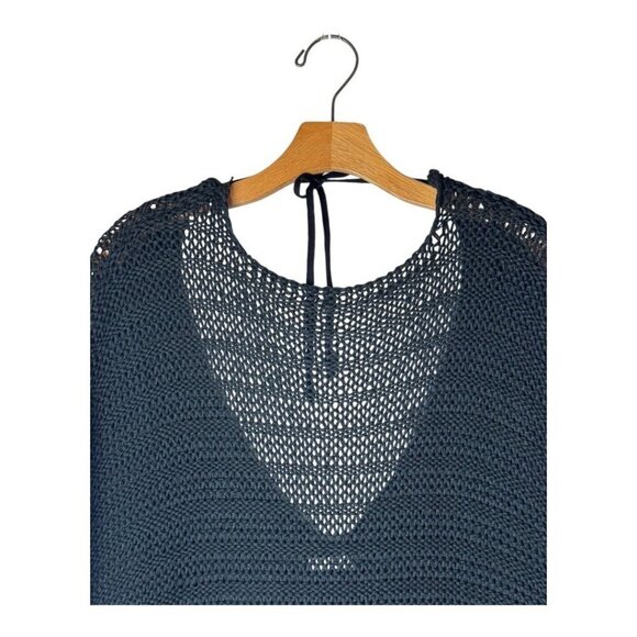 Zara Sweater Women Small Black Open Knit‎ V Back Fringe Sides Short Sleeve Tunic - Picture 3 of 12